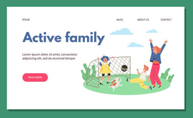 Naklejka premium Active family website for family outdoor activity, flat vector illustration.