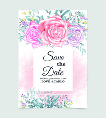 Pink Rose wedding invitation watercolor rose floral vector background template
