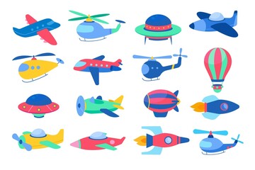 Childish air transport. Funny color kids aircrafts, rockets, planes and balloons, different type flying baby toys, bright items, nursery decor, vector cartoon flat style isolated set