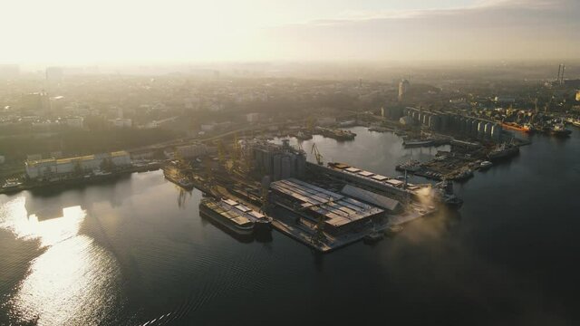 Odessa port view from drone. Aerial view of a large commercial port of international importance on the northwestern coast of the Black Sea. Major port of Ukraine in terms of cargo turnover.