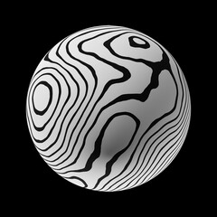 Sphere with a trendy abstract pattern on a clean black background. Realistic illustration 3D render.