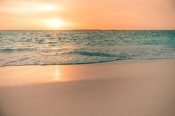 Closeup sea sand beach. Panoramic beach landscape. Inspire tropical seascape horizon. Colorful...