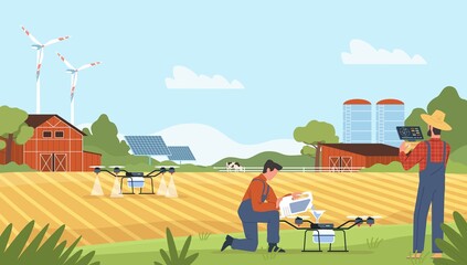 Farming with drone. Farm management from tablet, fields irrigation using drones, smart agriculture, alternative energy source, modern technology in countryside, vector isolated concept © YummyBuum