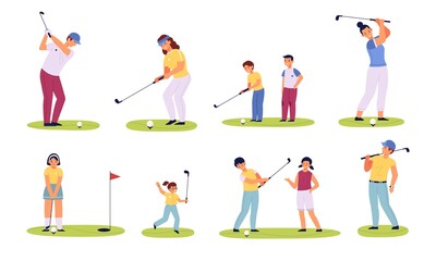 Fototapeta na wymiar Golf players characters. Different ages golfers, happy men, women and children with with golf clubs, family sport summer outdoor activity, playing on green field vector isolated set