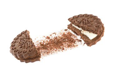 Broken tasty chocolate sandwich cookie with cream on white background