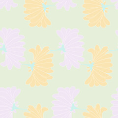 Chrysanthemum seamless pattern. Pastel yellow violet flowers on lignt green endless nature background art design stock vector illustration for web, for print