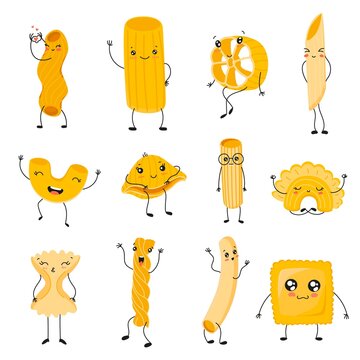 Pasta characters. Funny noodles with cute faces, hands and feet, comic spaghetti, rigati and fettuccine, happy italian cuisine ingredients, dry product vector cartoon flat isolated set