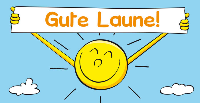 Gute Laune Cartoon mit strahlender, lachender Sonne, die einen Banner hoch h&auml;lt wie ein Gewinner, Winterdepression beenden, positives Denken, Stress Management