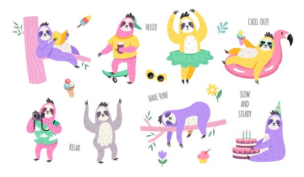 Sloth characters. Cute lazy animals in different poses, reading book, relaxing on tree branch, riding longboard, dancing on birthday party, childish decor elements, vector cartoon set
