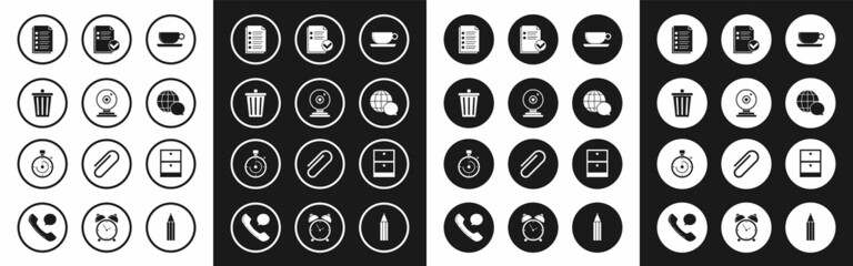 Fototapeta premium Set Coffee cup flat, Web camera, Trash can, File document, World map made from speech bubble, Document and check mark, Archive papers drawer and Briefcase icon. Vector