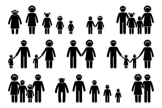 Stick figure people generation family vector icon illustration set. Stickman parents, kids, grandparents aging process silhouette pictogram on white background
