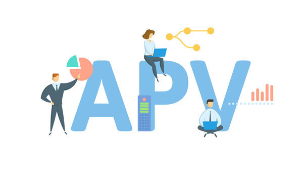 APV, Adjusted Present Value. Concept with keyword, people and icons. Flat vector illustration. Isolated on white.