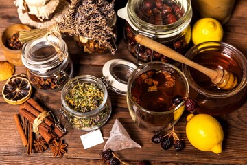 Herbal tea. Herbal harvest collection and bouquets of wild herbs. Alternative medicine. Natural pharmacy. Flu treatment.