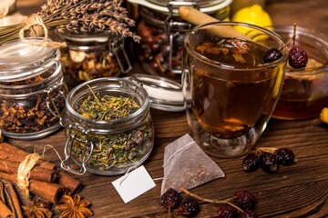 Herbal tea. Herbal harvest collection and bouquets of wild herbs. Alternative medicine. Natural pharmacy. Flu treatment.