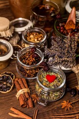 Herbal tea. Herbal harvest collection and bouquets of wild herbs. Alternative medicine. Natural pharmacy. Flu treatment.
