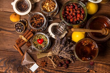 Herbal tea. Herbal harvest collection and bouquets of wild herbs. Alternative medicine. Natural pharmacy. Flu treatment.