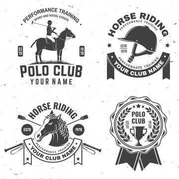 Set of polo and horse riding club patch, emblem, logo. Vector illustration. Templates for polo and horse riding sports club.