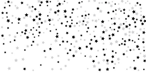 Silver star confetti. Falling stars on a white background. Illustration of flying shining stars. Decorative element.