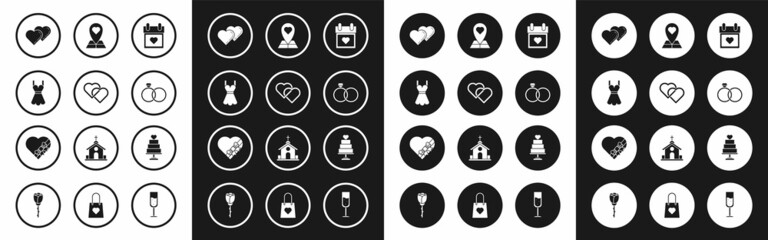 Set Calendar with heart, Two Linked Hearts, Woman dress, Wedding rings, Map pointer, cake and Candy shaped box and bow icon. Vector