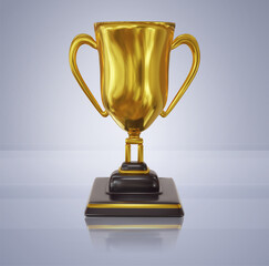 Sport tournament gold award. Championship golden trophy on white background. Realistic award ceremony concept. Vector golden illustration. Championship trophy with reflection on floor. Champion cup