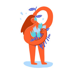 Modern girl smells flower, holds bunch of tulips. Mental health, slow living concept. Flower, gardening shop advertising