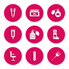 Set Aftershave, Classic Barber shop pole, Hairbrush, Shaving gel foam, Barbershop chair, Cream or lotion cosmetic tube, and Curling iron for icon. Vector