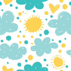 Seamless pattern with clouds and sun in pastel colors.