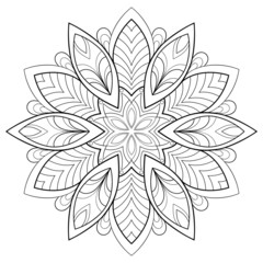 Decorative mandala with floral and striped patterns on a white isolated background. For coloring book pages.