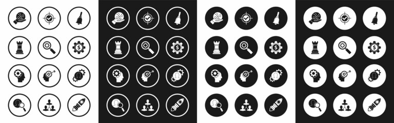 Set Ringing bell, Magnifying glass and gear, Business strategy, Piece of puzzle hand, Gear with dollar symbol, Target check mark, Human inside and head icon. Vector