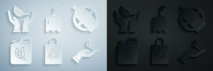 Set Plastic bag with recycle, No plastic bottle, Bio fuel canister, Sprout in hand of environmental protection, and icon. Vector