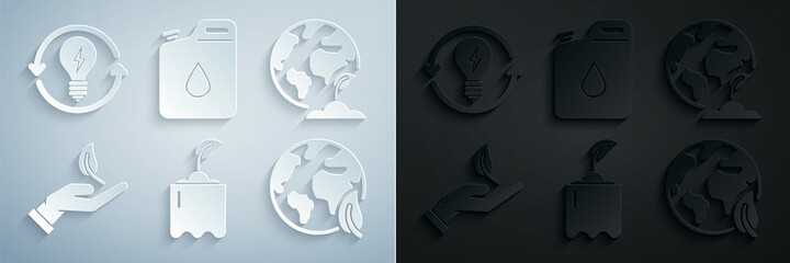 Set Sprout in bottle, Earth globe and plant, hand of environmental protection, leaf, Canister for gasoline and Recycle light bulb with lightning symbol icon. Vector