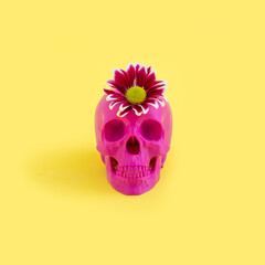 Spring and Valentines day concept with purple skull and fresh flowers on yellow background