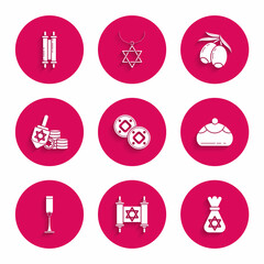 Set Jewish coin, Torah scroll, money bag with star of david, sweet bakery, goblet, Hanukkah dreidel and, Olives branch and icon. Vector