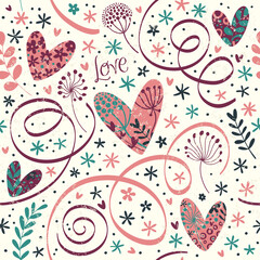 Ornament with hearts, plants and ribbons. Retro style. Seamless background.