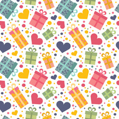 Seamless pattern with gift boxes and hearts.