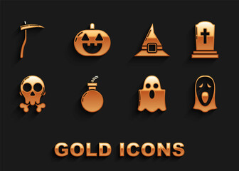 Set Bomb ready to explode, Tombstone with cross, Funny and scary ghost mask for Halloween, Ghost, Skull crossbones, Witch hat, Scythe and Pumpkin icon. Vector