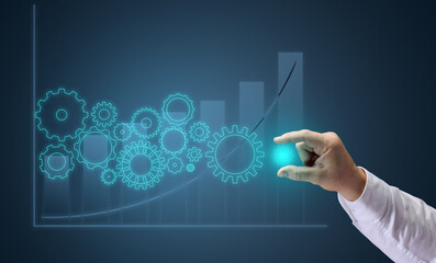 gear wheels and male hand on a blue background. Business structure precise work concept, team unification
