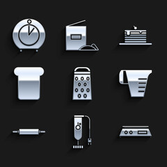 Set Grater, Blender, Electronic scales, Measuring cup, Rolling pin, Bread toast, Stack of pancakes and Kitchen timer icon. Vector