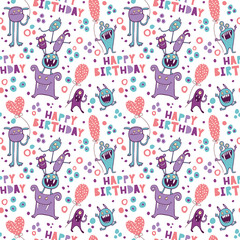 Funny pattern with cute monsters. Happy Birthday.
