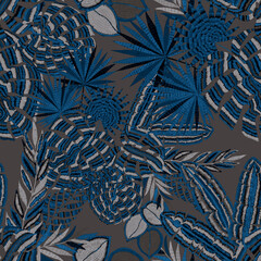 Modern abstract seamless pattern with creative colorful tropical leaves. Retro bright summer background. Jungle foliage illustration. Swimwear botanical design. Vintage exotic print.	