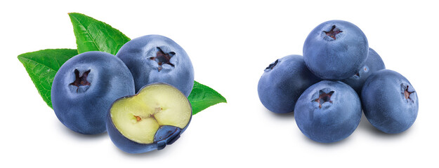 fresh blueberry and half isolated on white background closeup with clipping path and full depth of...