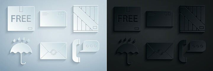 Set Envelope, Wooden box, Umbrella and rain drops, Telephone with speech bubble chat, and Cardboard free symbol icon. Vector