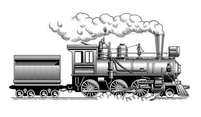Vintage steam train locomotive, side view. Old railroad engraving style hand drawn vector illustration. - obrazy, fototapety, plakaty