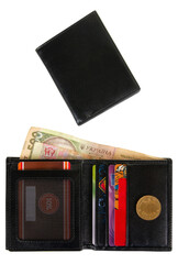 Open  and closed black leather wallets with Ukrainian money isolated on white background