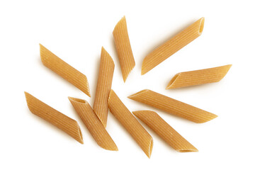 Wolegrain penne pasta from durum wheat isolated on white background with clipping path and full depth of field. Top view. Flat lay,