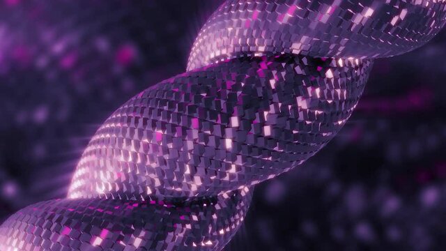 Cycled animation of 3d braid with lilac scales texture on shimmering background. Motion. Abstract animated moving twisted shape.