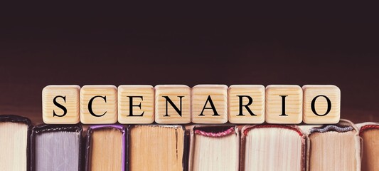 SCENARIO Wooden stamps for "SCENARIO" text of concept and a book.