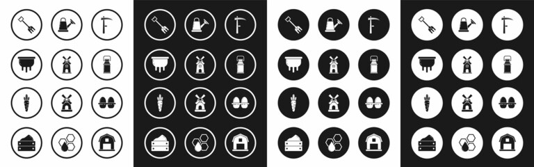 Set Scythe, Windmill, Udder, Garden rake, Can container for milk, Watering can, Chicken egg box and Carrot icon. Vector