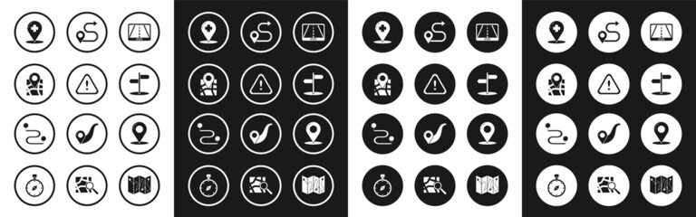 Set Infographic of city map navigation, Exclamation mark in triangle, Folded with location marker, Medical pointer cross hospital, Road traffic sign, Route, Map pin and icon. Vector