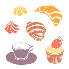 Colorful paper cut collection of pastry and desserts isolated on white background. Doodle hand drawn bakery products icons. Vector illustration